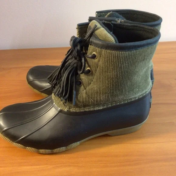 SPERRY Saltwater Tassel Corduroy Black and Olive Duck Boots Women’s Size 8.5 - Picture 4 of 8